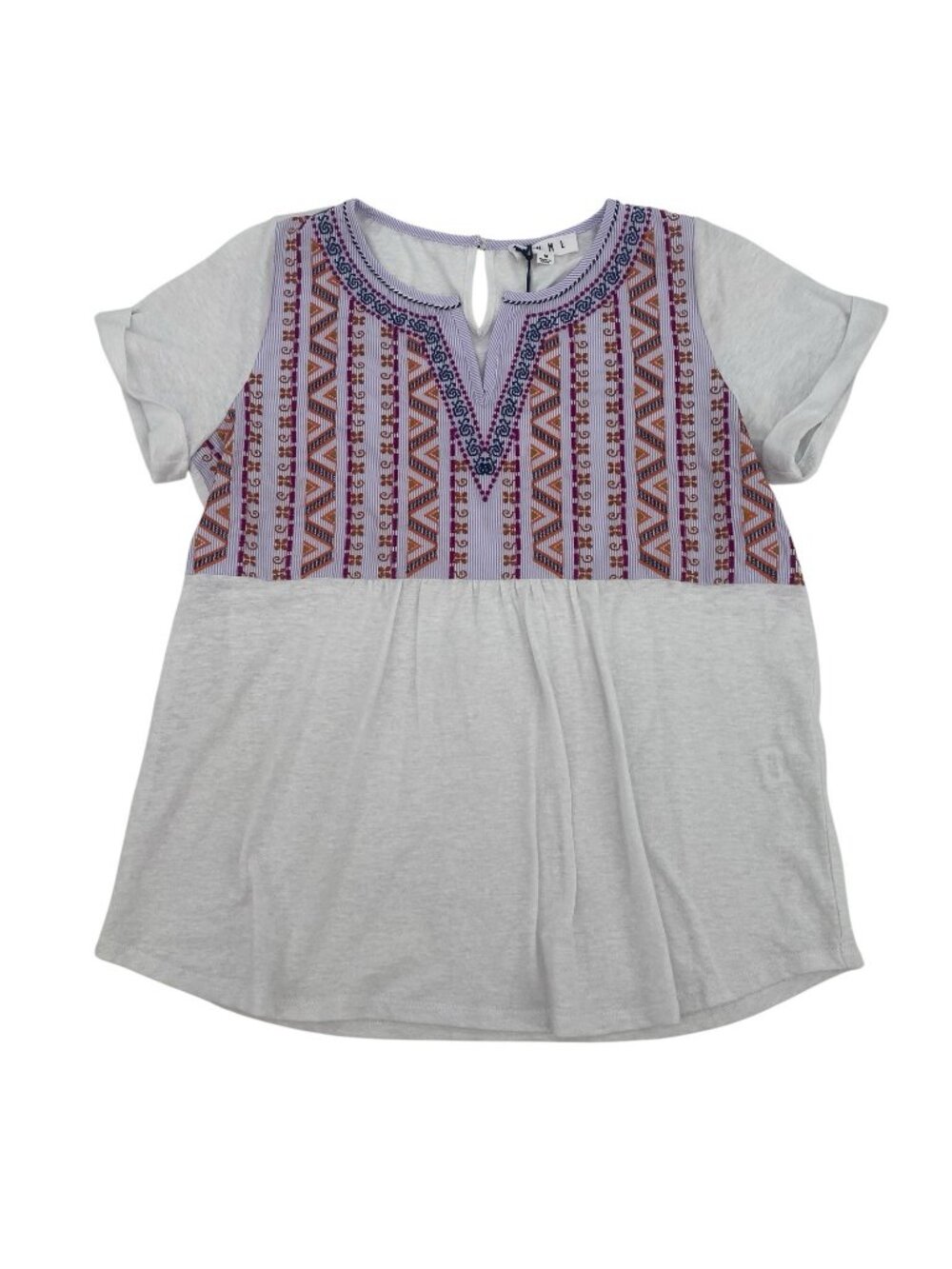 THML Women's Size M Embroidered Cuffed Short Sleeve Top Knit Boho